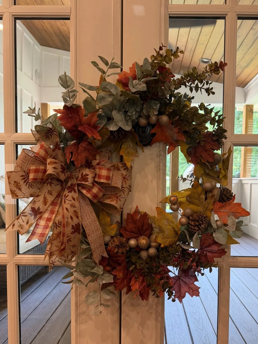 Autumn Leaf and Eucalyptus Holiday Wreath with Plaid Bow - Fall Door Decor